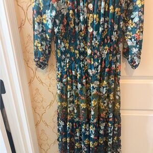 fig and flower Teal Floral Button-Front Midi Dress